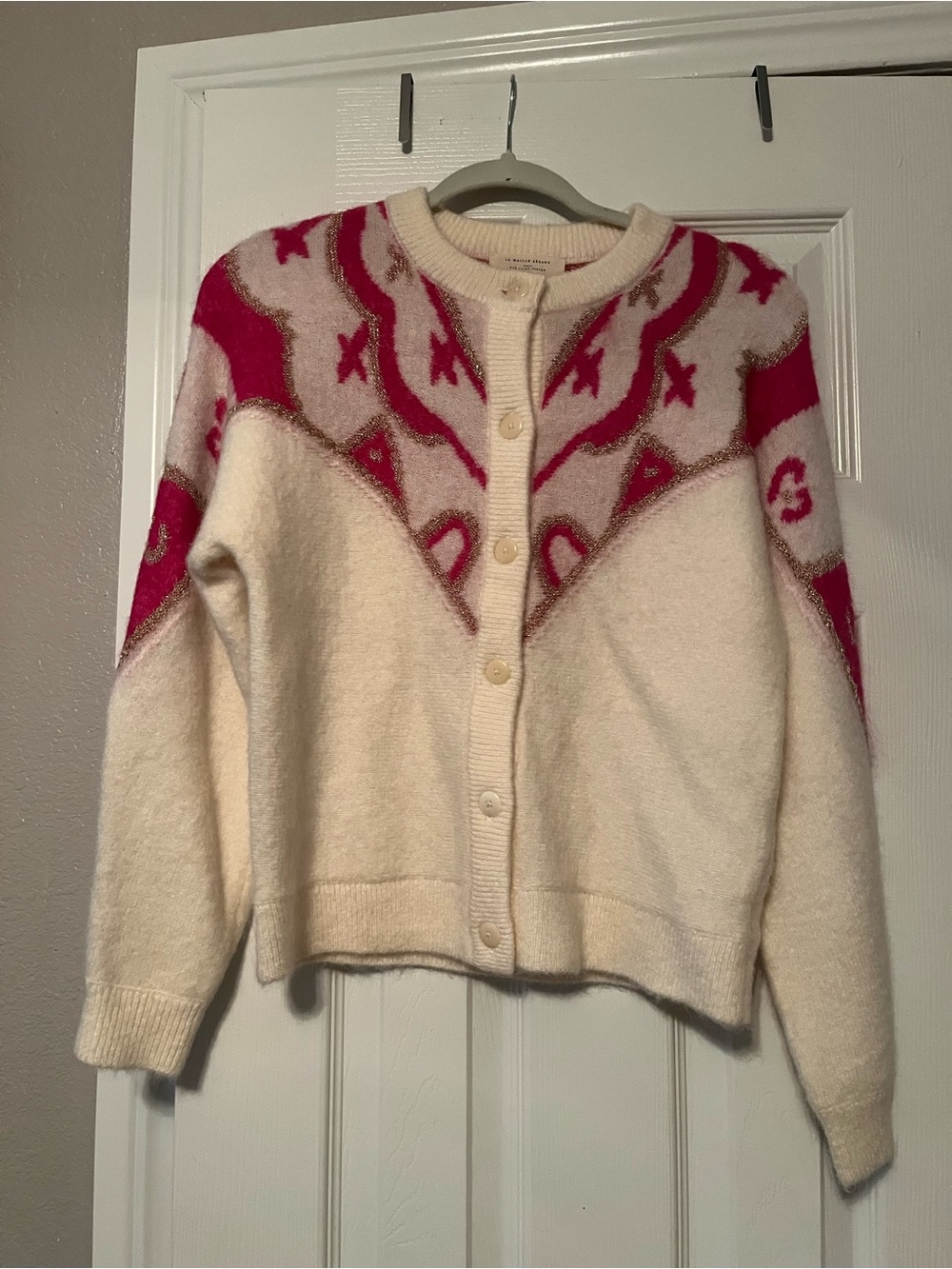 Sezane Cream Cardigan with Pink Pattern